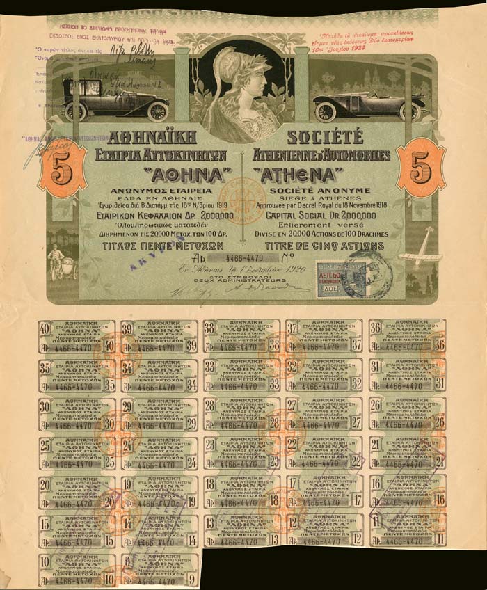 Societe Athenienne D'Automobiles - Stock Certificate